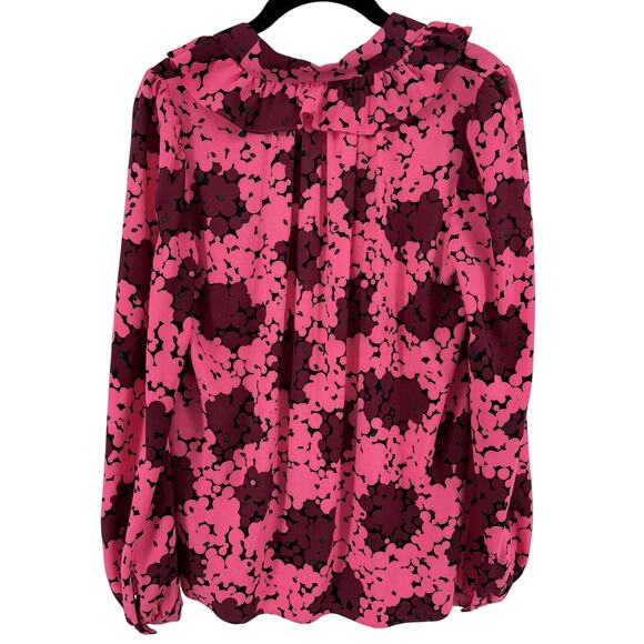 Kate Spade Blouse Pink & Burgundy Floral Small V-Neck W/ Tie Long‎ Sleeve Ruffle - Picture 4 of 9
